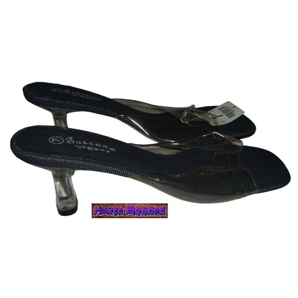 Vintage 90s y2k Deadstock Clear Lucite Plastic Denim Slides Square Toe Heels 7 - Picture 2 of 15